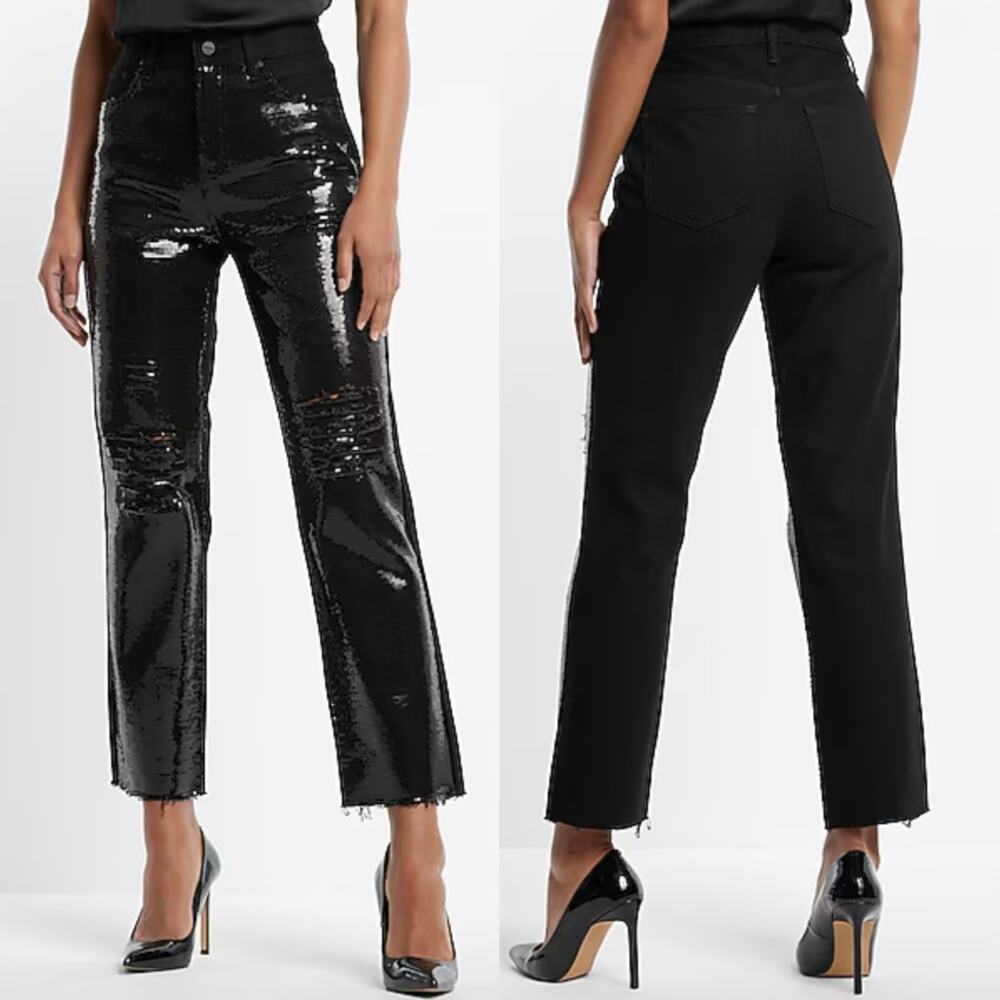 Express Womens High Waisted Sequin Front Ripped Raw Hem Straight Ankle Jeans 4R‎